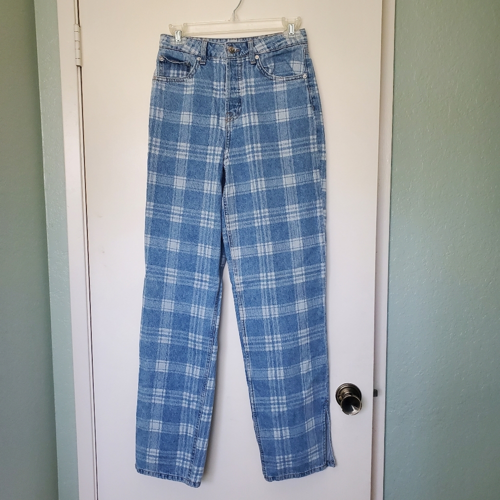 H & M Divided Tartan Plaid Blue Denim Split Hem Button Fly Women's Jeans Size 2